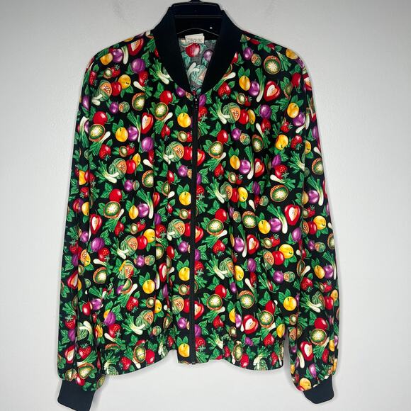 Vintage All Over Veggie Print Bomber Jacket Women's L Pockets Cotton Made in USA - Picture 1 of 13